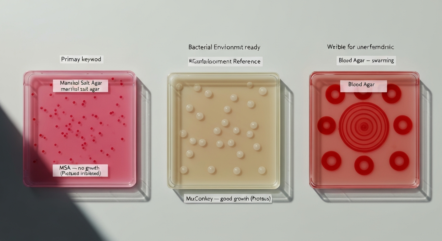 Composite top-down photo of three agar plates: MSA (pink) with no colonies, MacConkey with colorless colonies, and blood agar with concentric swarming rings, each labeled.
