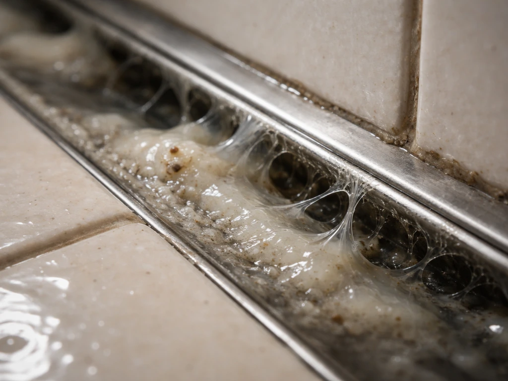 Macro close-up of a slimy biofilm film on wet drain tile surface, highlighting sticky texture and grime