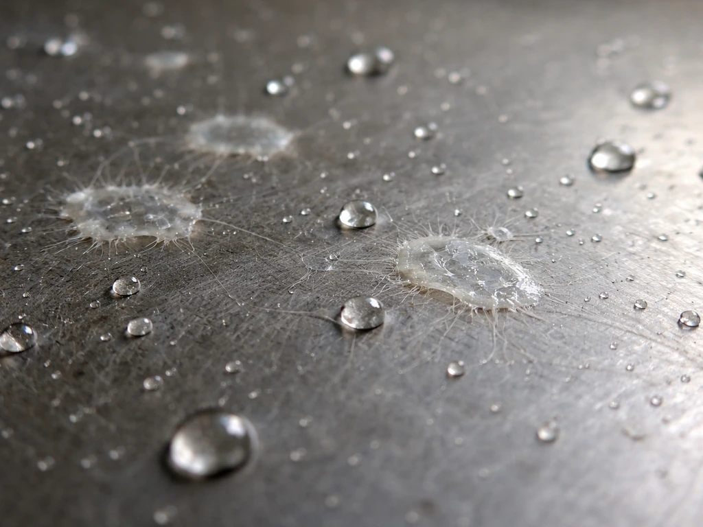 Macro close-up of a damp textured surface with early faint biofilm residue and small water beads