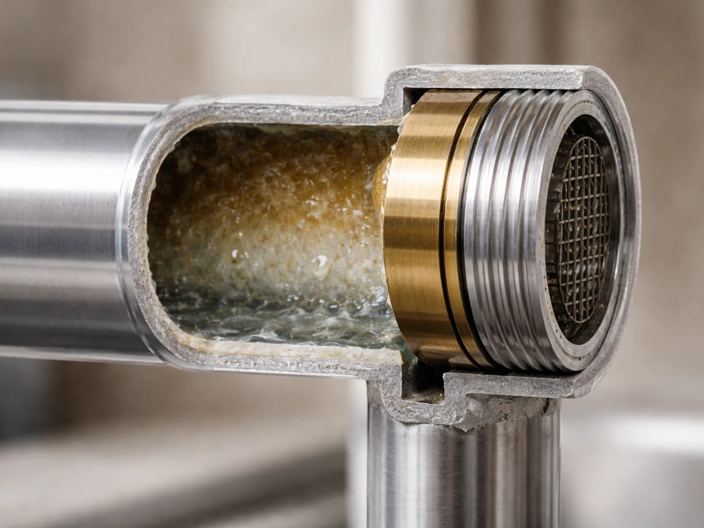 Close-up cross-section of a pipe showing a thin translucent biofilm coating near a fitting.