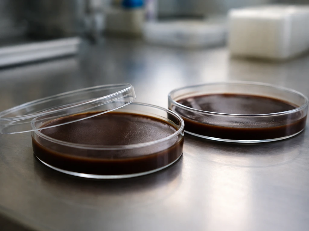 Close-up of chocolate agar Petri dishes in a sterile lab, lids slightly ajar on a stainless bench.