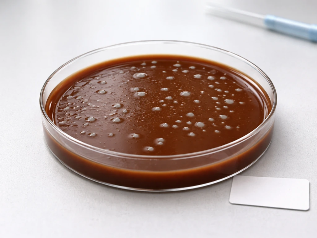 Macro close-up of chocolate agar Petri dish with small greyish, near-translucent colonies.