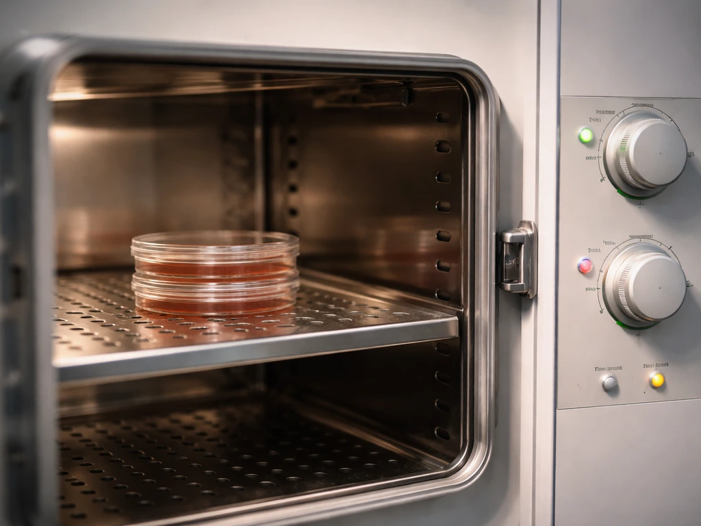 CO2 incubator chamber with culture plates inside, showing controlled atmosphere setup