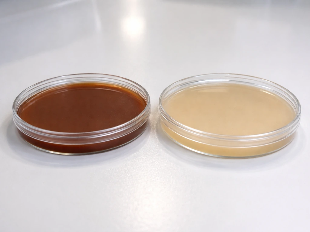 Two agar plates side-by-side on a lab bench, showing different agar tones for comparison.