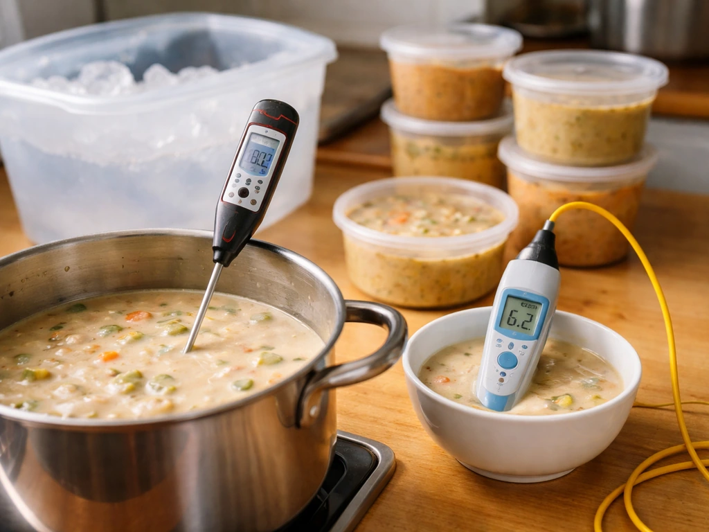 Low-acid foods and pH-control theme: thermometer, pH meter, and sealed containers in kitchen light