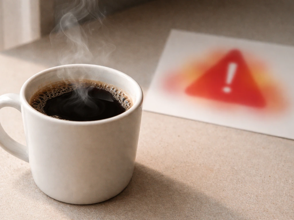 Hot coffee cup with visible steam next to a non-text safety warning visual about botulism risk.