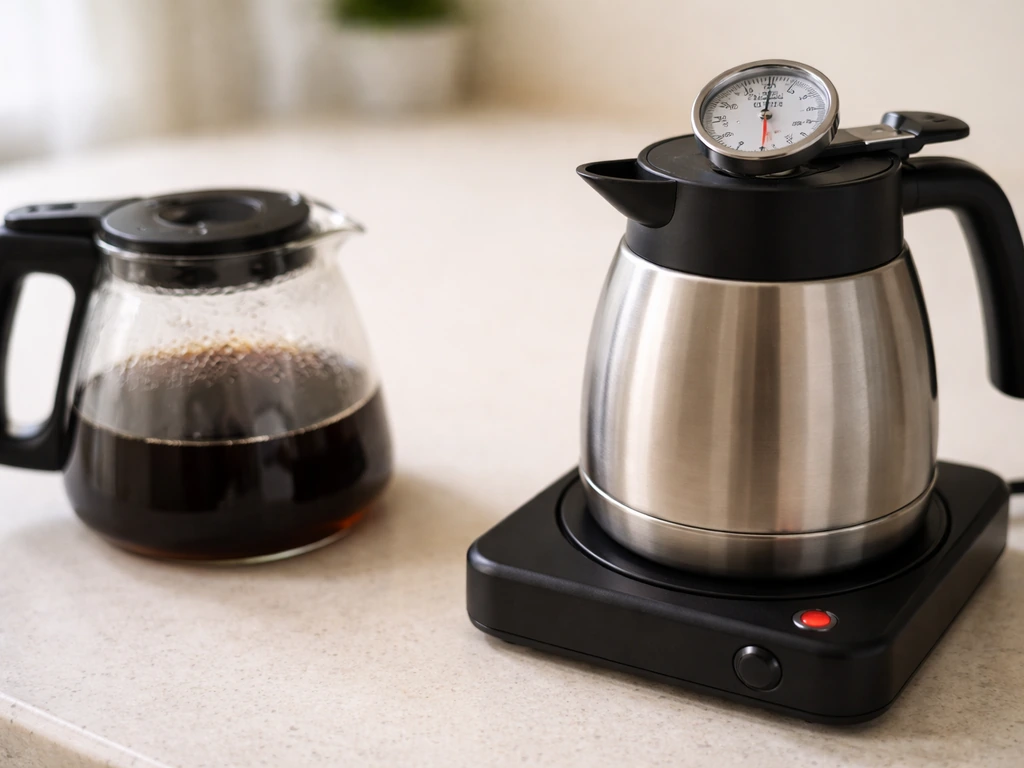Thermal carafe on a warmer with a thermometer versus a glass pot cooling on a counter.