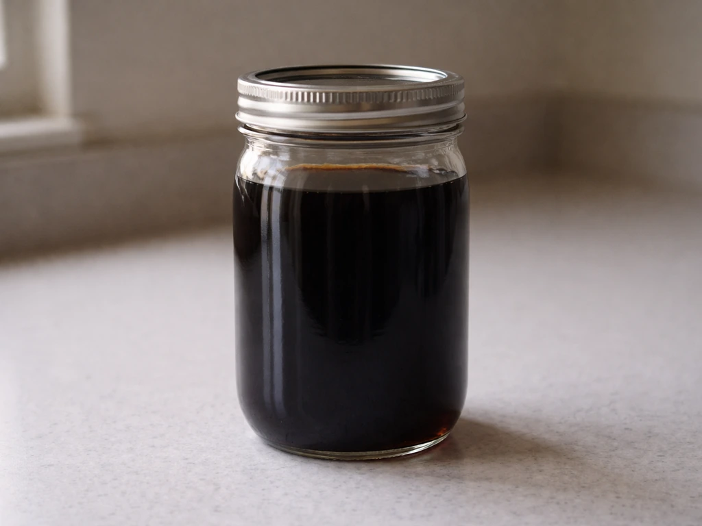 Vacuum-sealed jar of cold brew coffee with dark liquid, shown in a clean kitchen setting