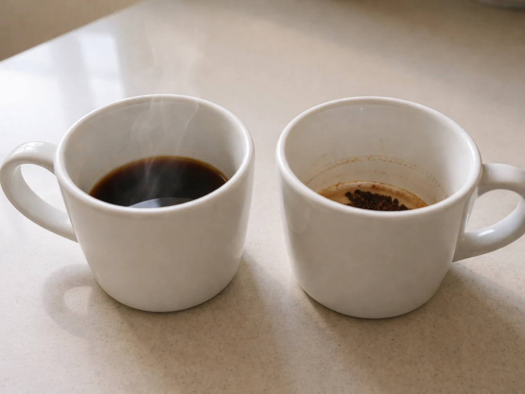 Two ceramic coffee cups side-by-side: one freshly brewed and steaming, one left to cool.