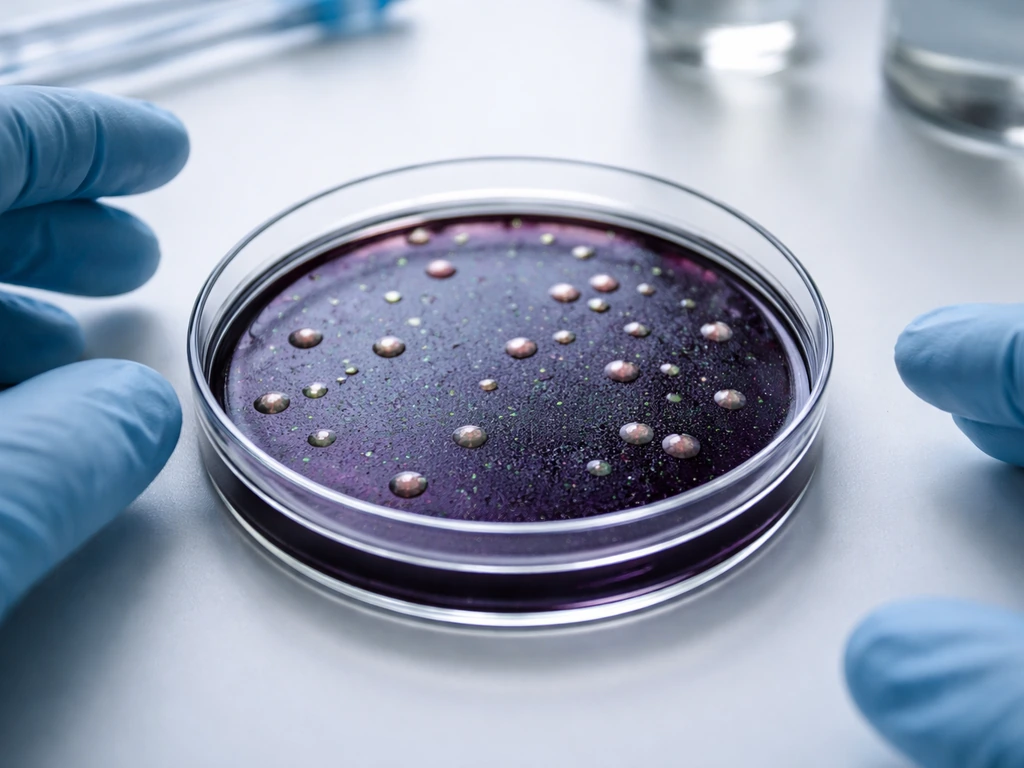 Close-up of an EMB agar Petri dish with visible colonies on a laboratory bench, showing colony color patterns.