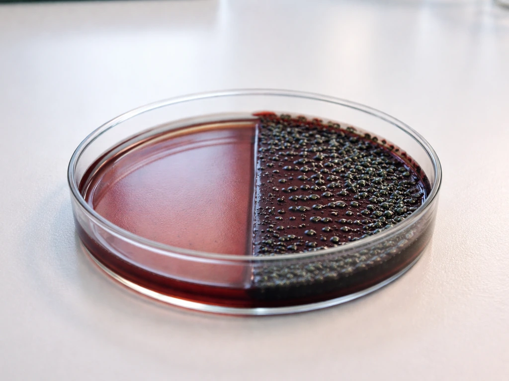 Minimal photo of an EMB agar plate with distinct dark and pale growth patterns showing selective inhibition.