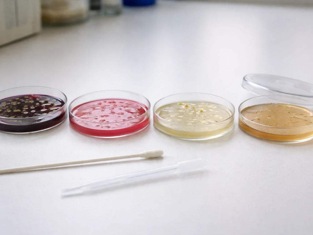 Agar culture plates on a lab bench with distinct colony patterns for comparing media outcomes.