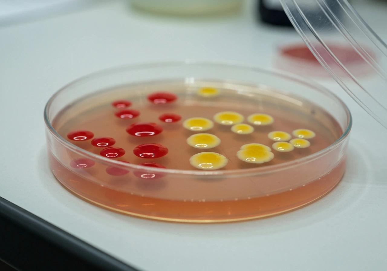 Macro view of a mannitol salt agar plate with red and yellow colonies on a lab bench.