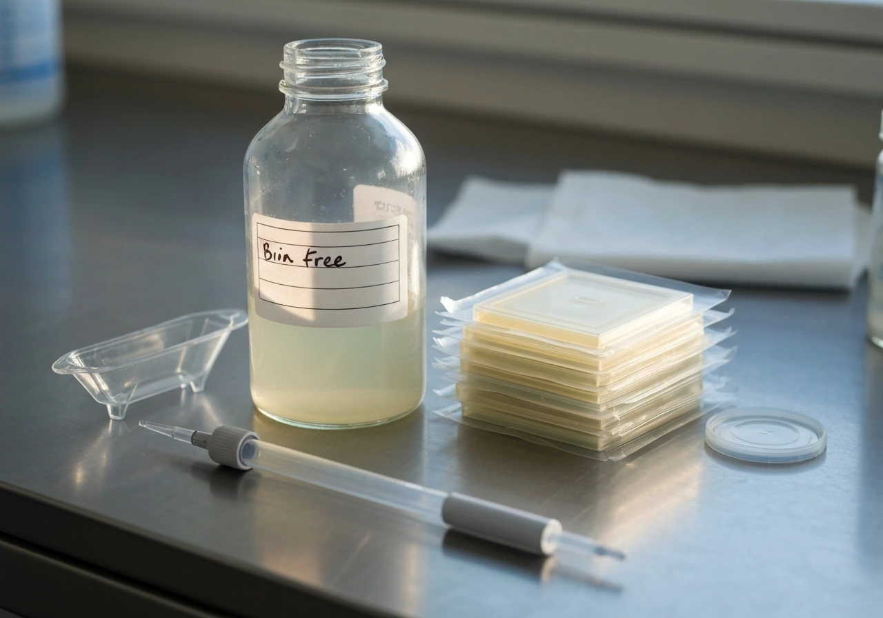Minimal lab bench scene with agar plates and brine bottle, suggesting high-salt (NaCl) selective preparation.