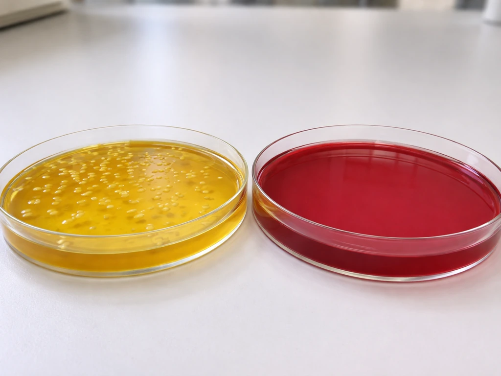 Minimal lab scene showing two Petri dishes: one with yellowish growth on MSA and one with no color shift.