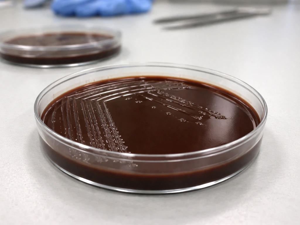 Chocolate agar petri dish with dark agar surface and visible streaks and small colonies in a lab