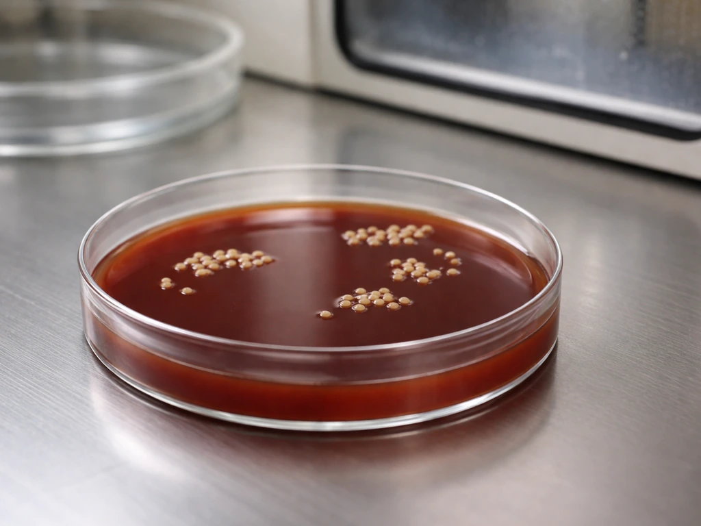Close-up of a lab agar plate showing small smooth bacterial colonies, beside a blurred incubator door