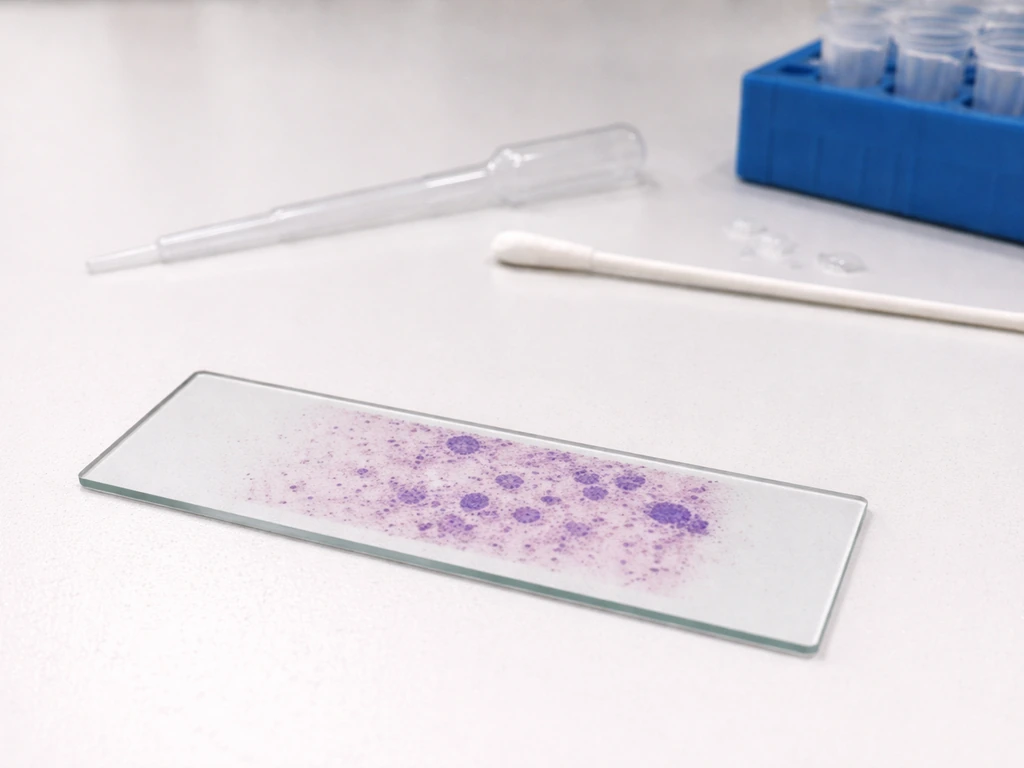 Lab bench with a Gram-stain slide showing clustered Gram-positive cocci and tools for a catalase-style test.