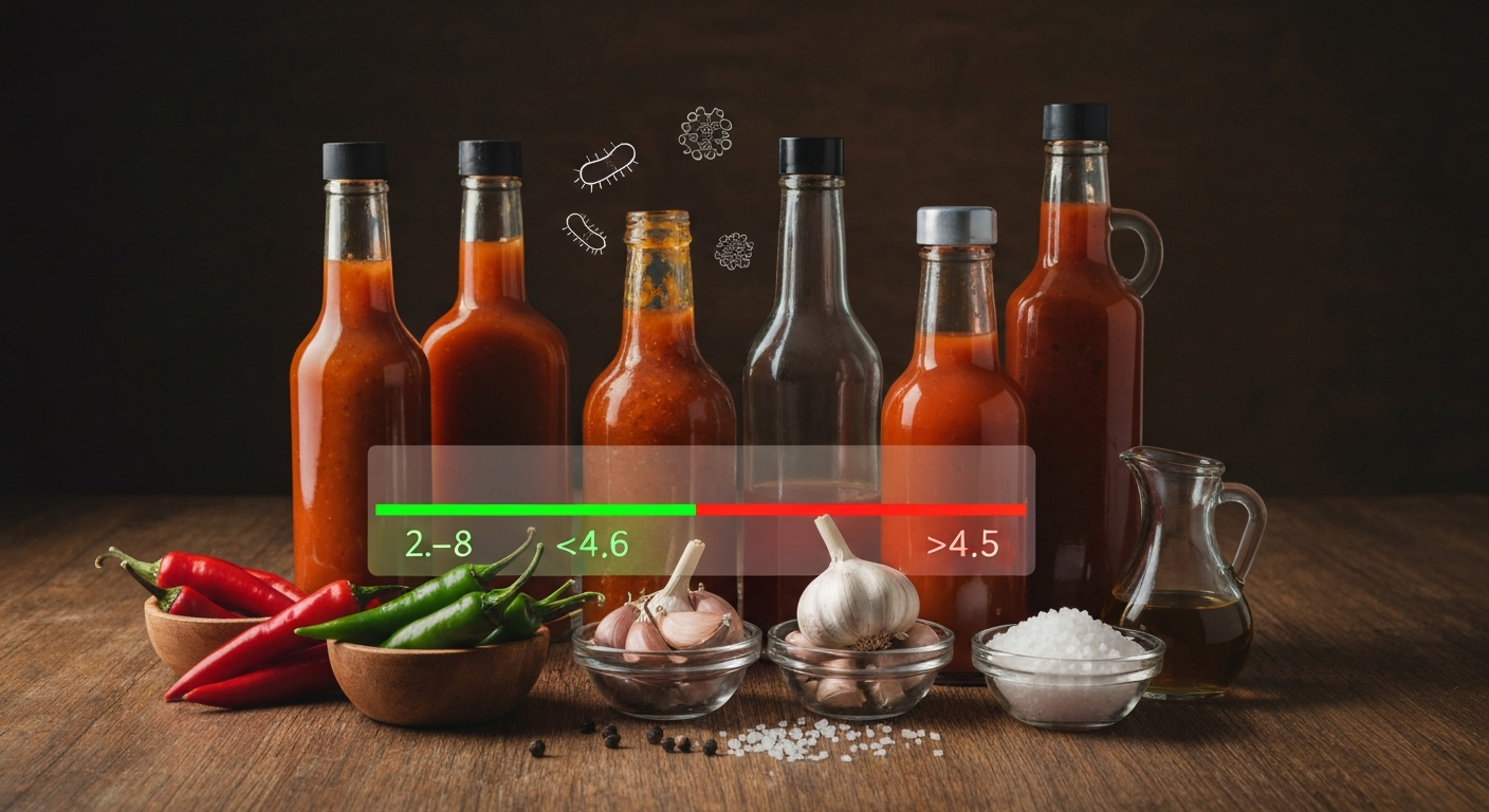 Assorted hot sauce bottles and ingredients on a wooden table with a translucent pH scale overlay and stylized bacteria and spore icons illustrating microbial risk.