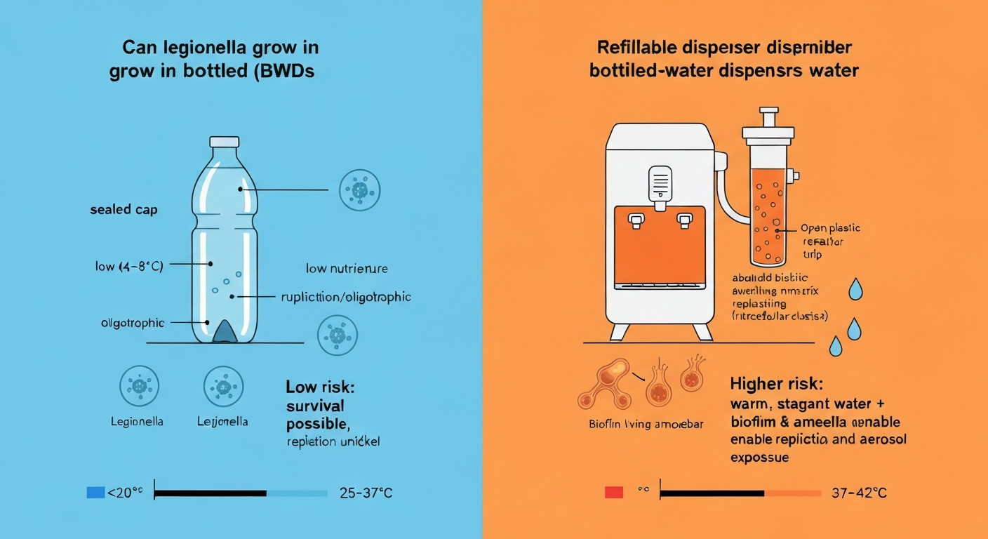 Infographic comparing Legionella risk: left shows a cold sealed bottled water with dormant bacteria and low-risk labels; right shows a warm refillable dispenser with biofilm, amoebae harboring Legionella, and aerosol hazard indicated.