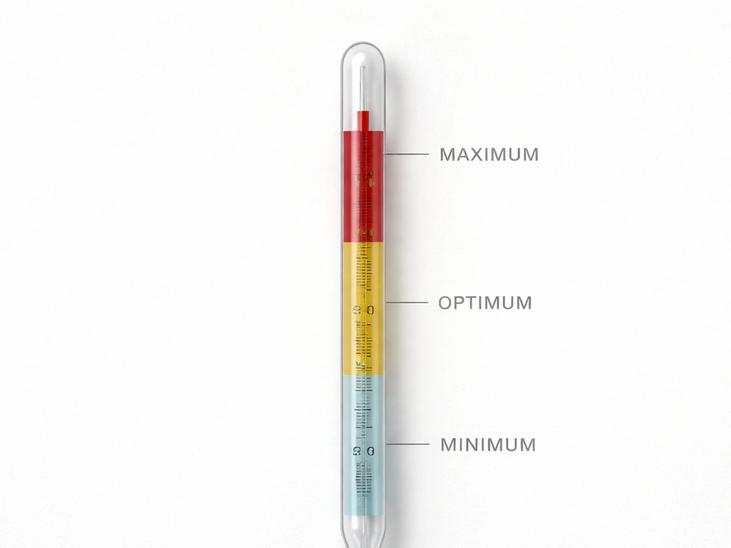 Minimal thermometer showing three colored zones for minimum, optimum, and maximum bacterial growth temps.