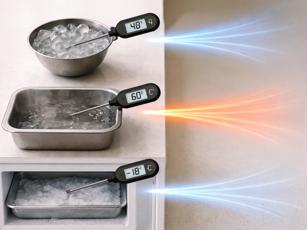 Minimal tabletop scene with ice water, hot water, and a freezer tray beside thermometers at safe food temps.