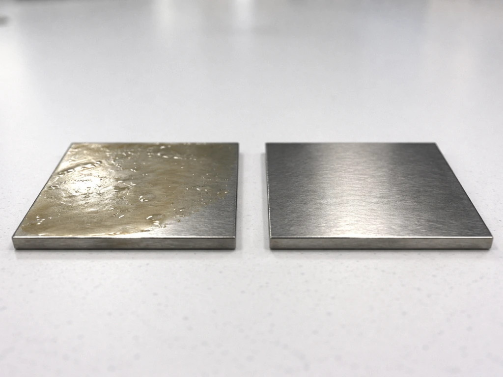 Two side-by-side metal surfaces, one clean and one coated with a thin grease/protein residue layer.