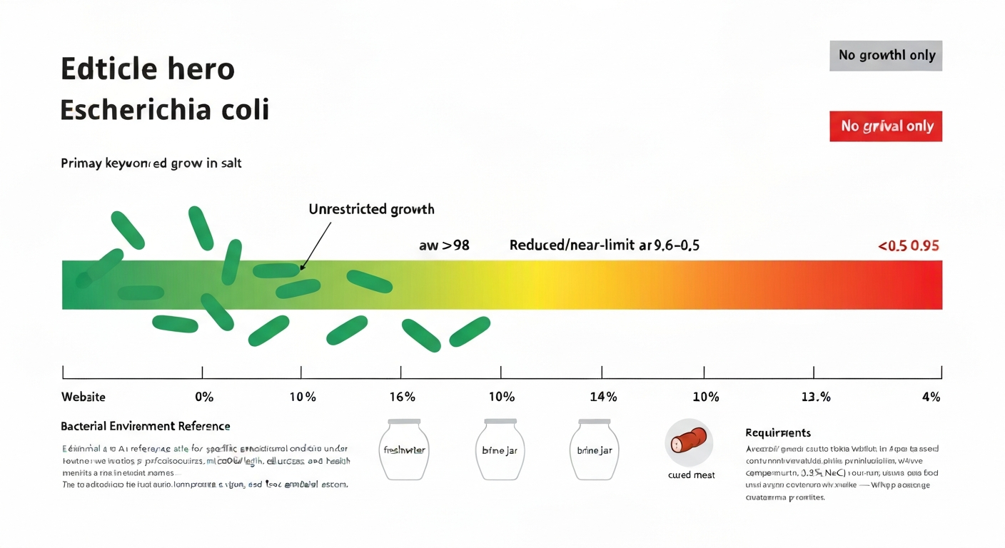 Infographic of E. coli across a salt gradient with NaCl%, water activity (aw) scale, and colored growth zones highlighting the ~0.95 aw threshold.