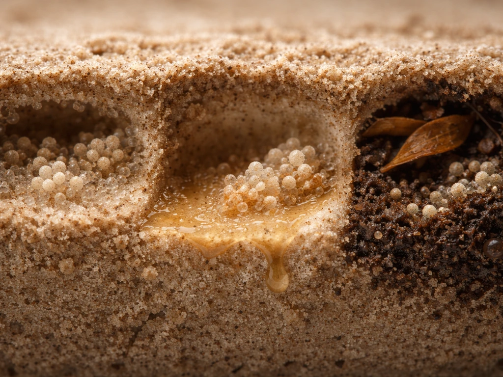 Macro cross-section showing yeast thriving in damp residue, sugary film, and soil leaf-litter pockets.