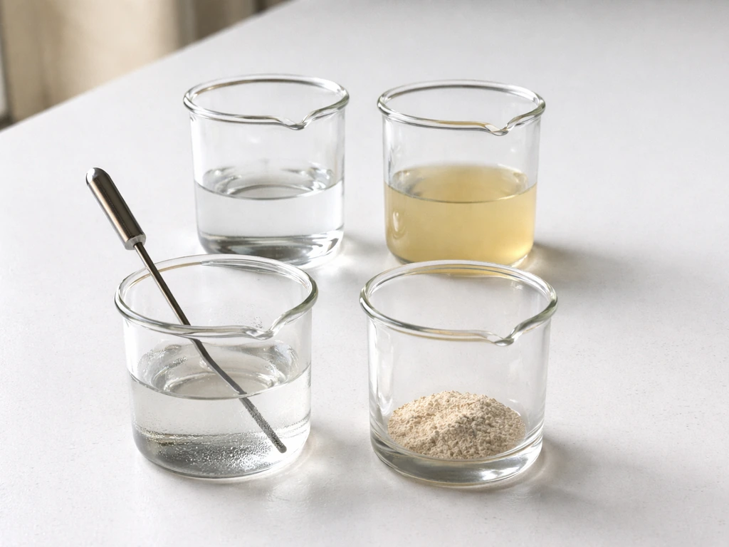 Minimal tabletop scene with four small glass containers suggesting moisture, pH, temperature, and nutrients for yeast gr