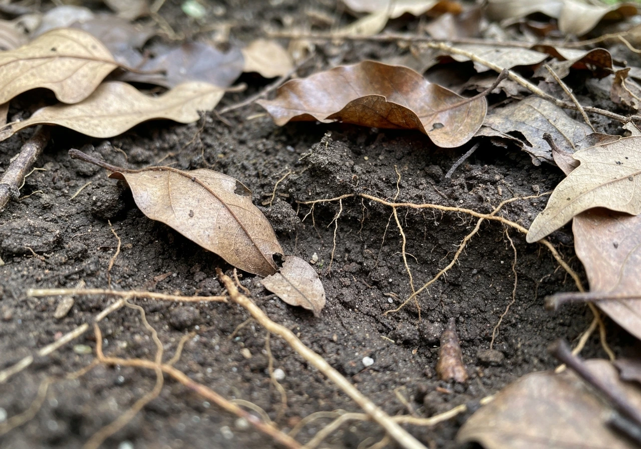 Close-up of dark soil with leaf litter and plant roots in an outdoor natural habitat.