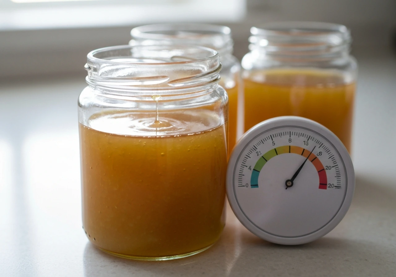 Closeup of glass jars with golden fruit syrup on a kitchen counter beside a blank water-activity meter.