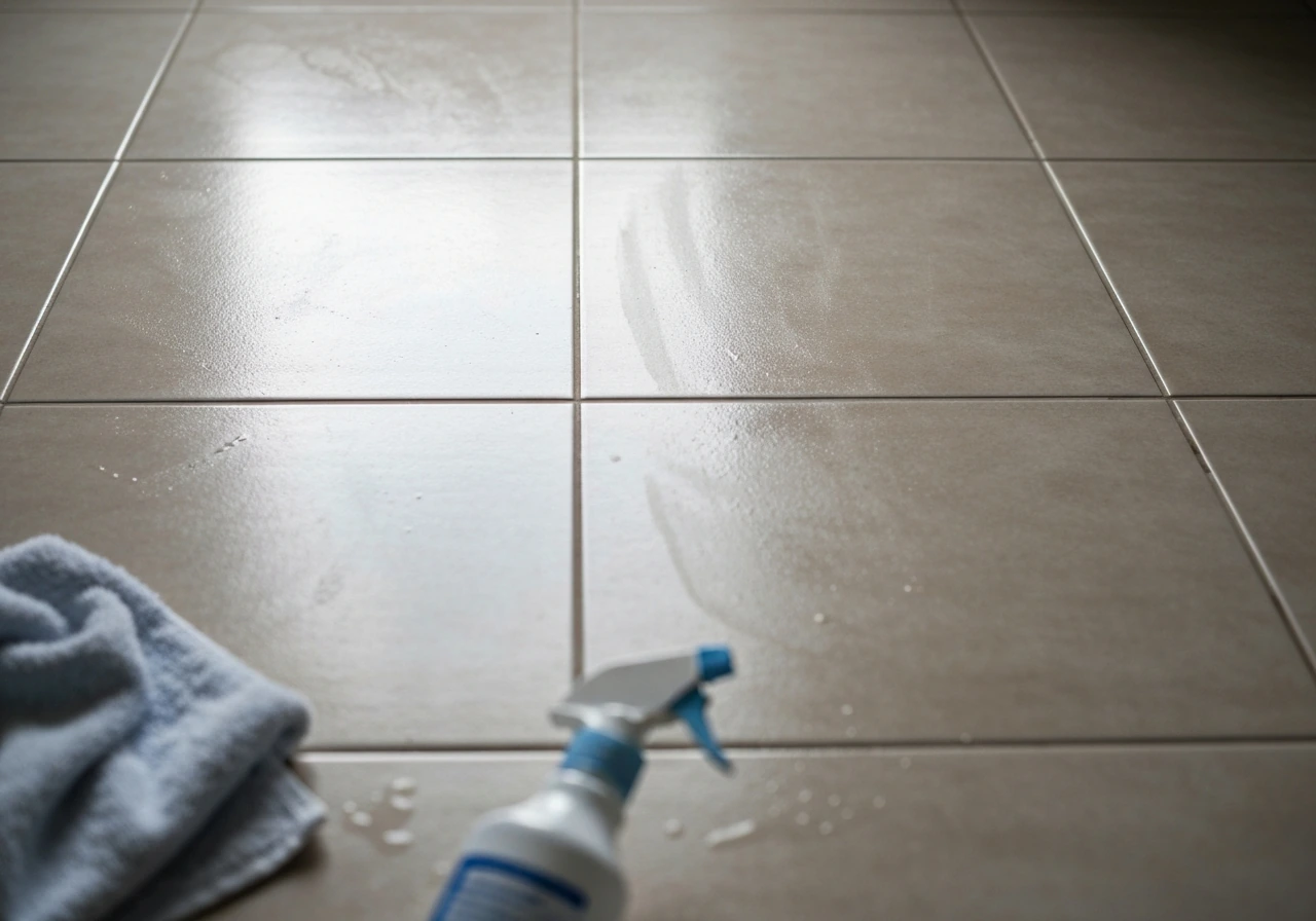 Two adjacent tiles: left cleaned, right cleaned and disinfected, showing immediate contamination control.
