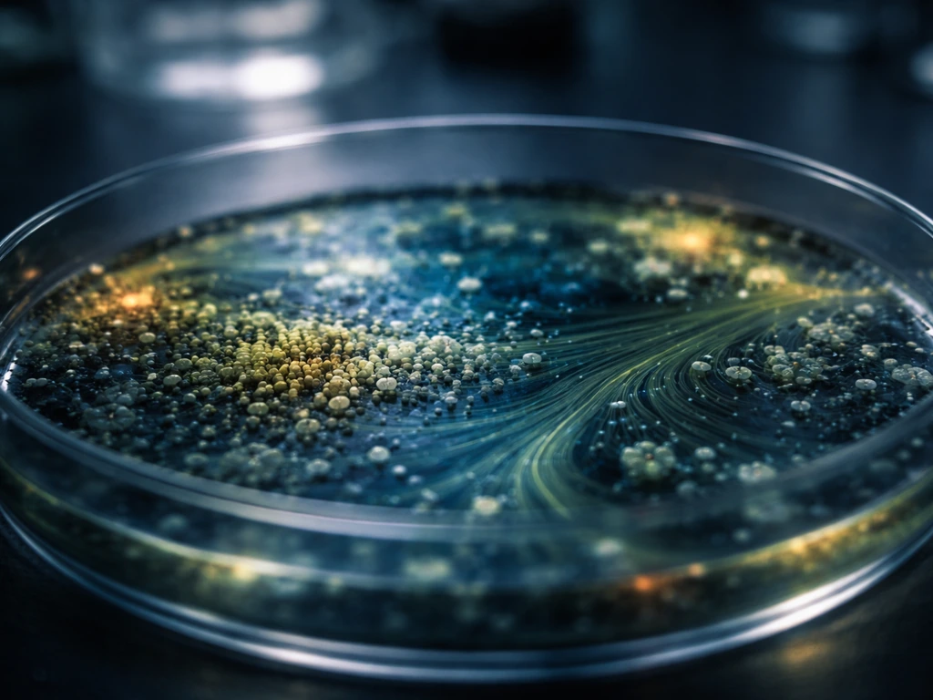 Close-up of glowing microbes growing on nutrient gel in a lab under controlled light, no sunlight.