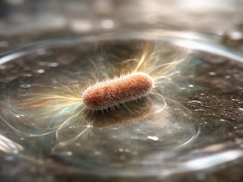 Macro view of a single bacterium with subtle glowing chemical plumes suggesting energy from organics