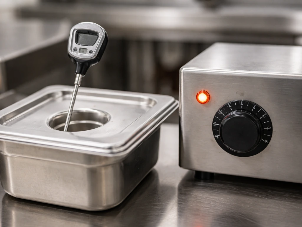 Food thermometer inserted in a pan beside a simple incubator-style temperature control unit.