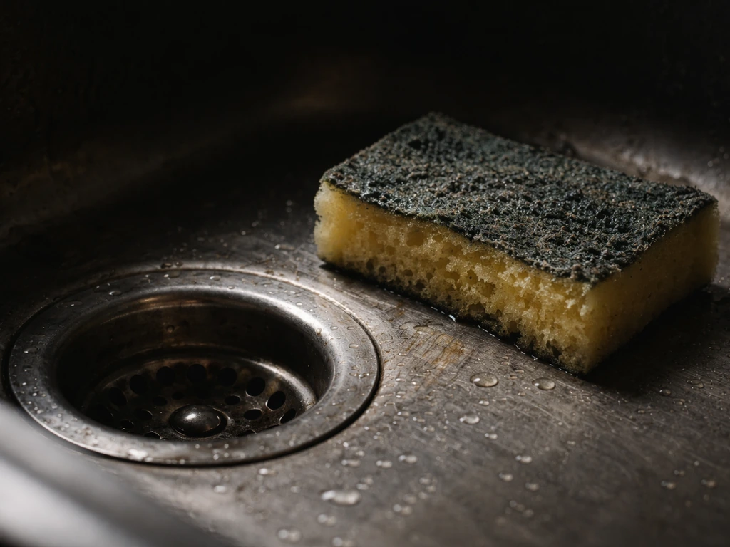 Close-up of a damp, used kitchen sponge beside a sink drain with dark, wet surfaces.