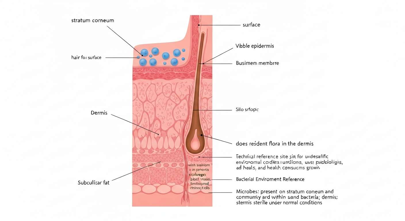 Anatomical cross-section of skin showing microbes on the stratum corneum and inside a hair follicle lumen while the dermis remains sterile.