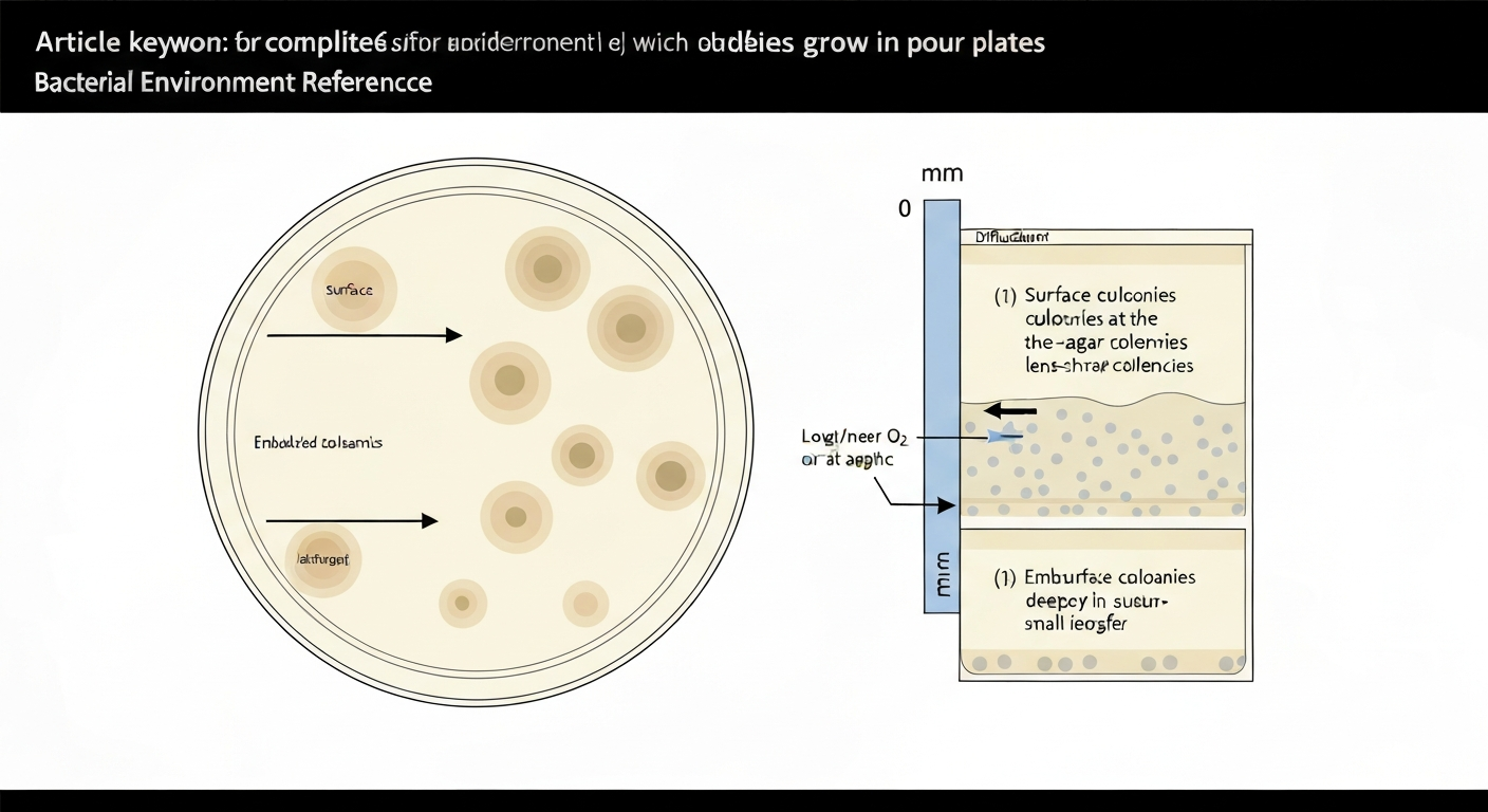 Illustration of a pour plate showing top-down and cross-sectional views with labeled surface, subsurface, and embedded colonies and an oxygen diffusion gradient.