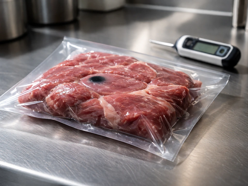 Vacuum-sealed food package with an oxygen-absence indicator cue and a thermometer on a stainless surface