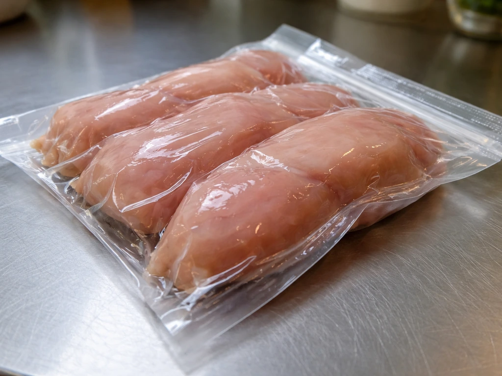 Close-up of vacuum-packed raw meat in an oxygen-limited package on a kitchen counter