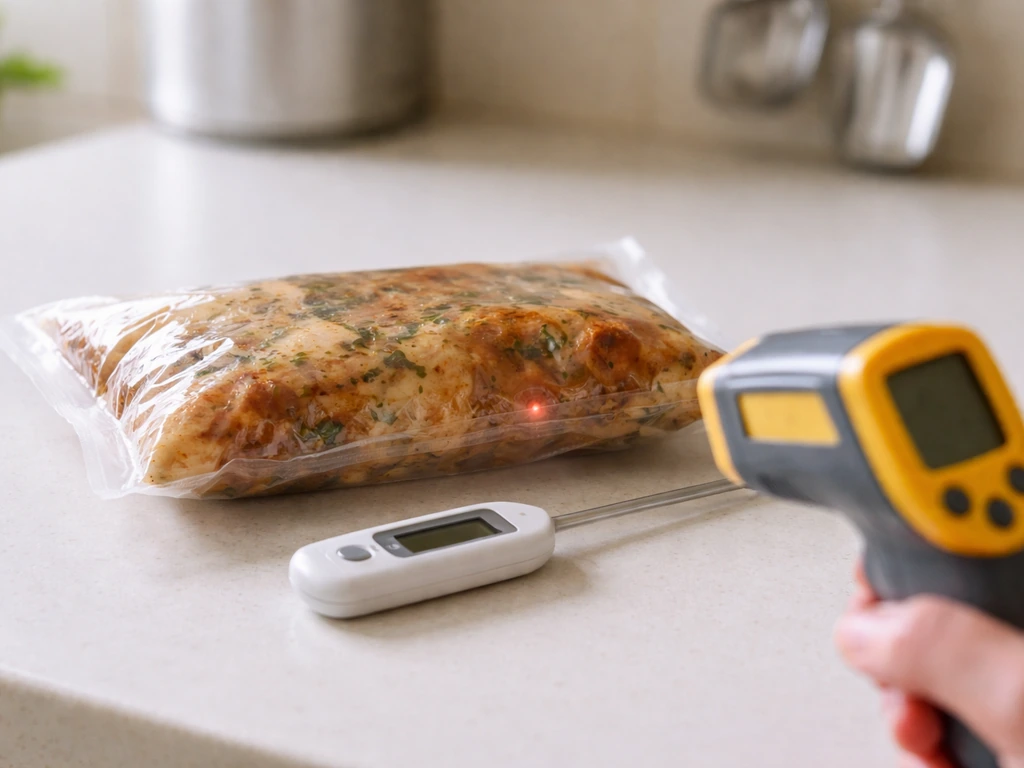 Close-up of a vacuum-packed food pouch with a thermometer and infrared temp gun doing a temperature check.