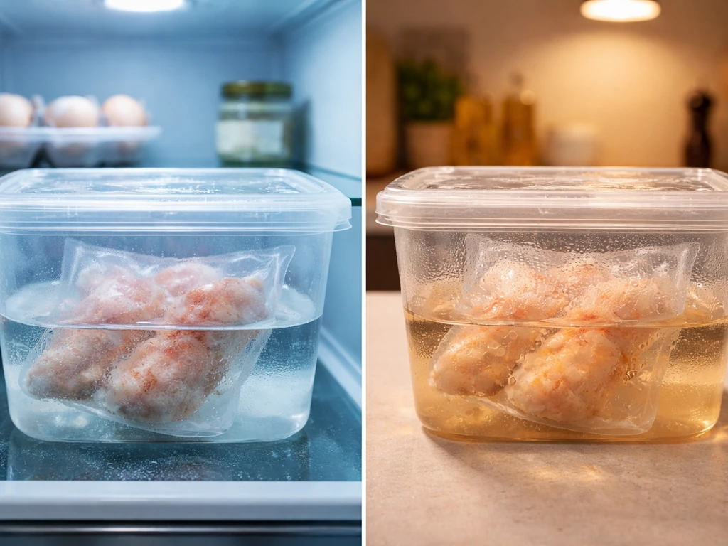 Two clear bins show vacuum-packed food thawing safely in cool conditions vs unsafe room-temperature thawing.