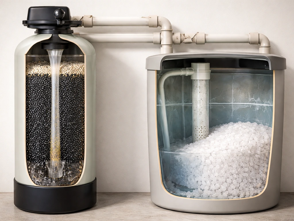 Cross-section of a water softener resin and brine tanks with subtle biofilm on inner surfaces.