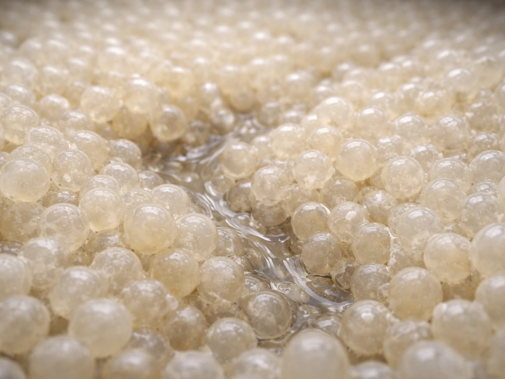 Close-up of polymer water-softener resin beads with thin biofilm and faint flowing water paths.