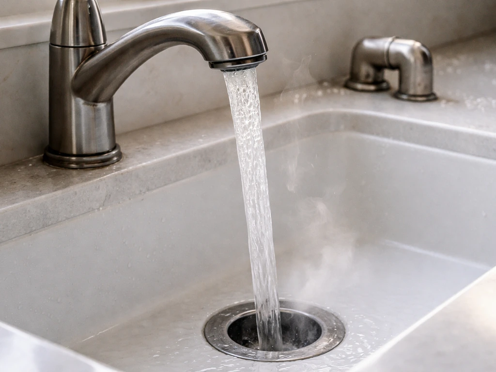 Close-up of a faucet running softened water with a subtle sulfur-odor troubleshooting vibe