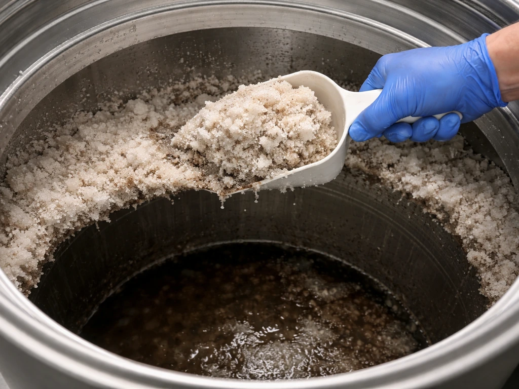 Gloved hands removing crusty salt bridging from a brine tank with sludge visible at the bottom.