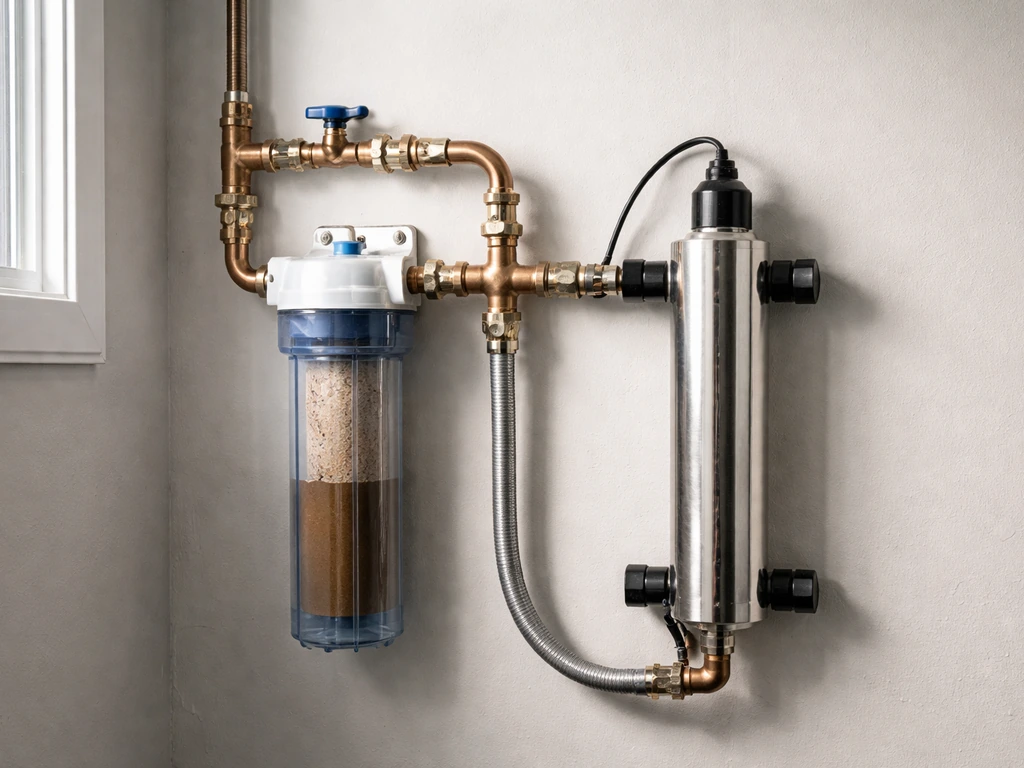 Inline sediment pre-filter and compact UV disinfection unit connected to home water pipes.