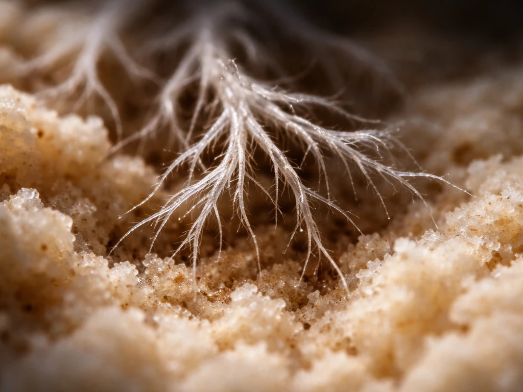 Macro view of fungal hyphae branching and penetrating a moist porous food-like substrate
