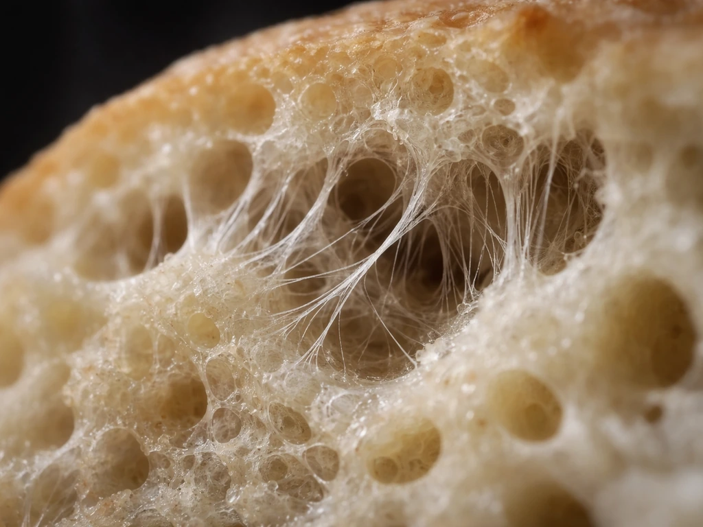 Macro view of white mold hyphae spreading into bread pores.